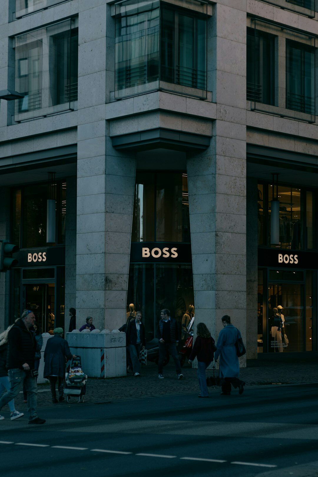 busy retail street at dusk