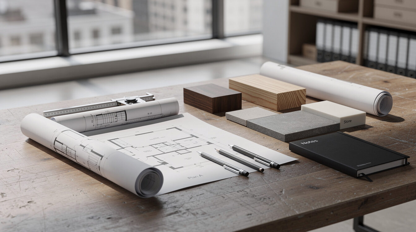 Architectural blueprints and materials samples on a wooden table