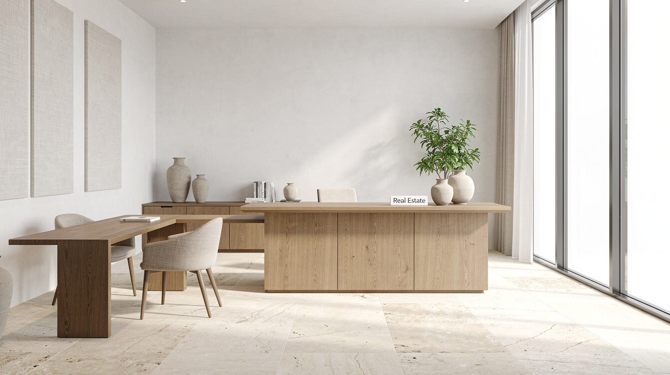 Elegant minimalist boutique office interior with natural light