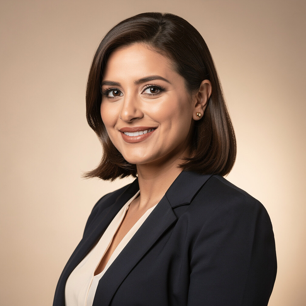 Studio portrait of a Latin American woman real estate agent in elegant attire