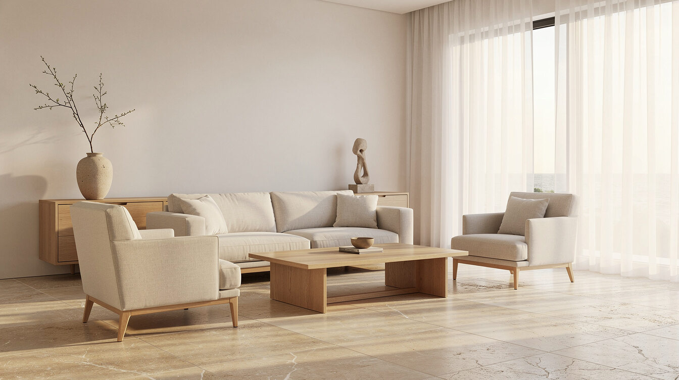 Minimalist living room interior with natural light and linen textures