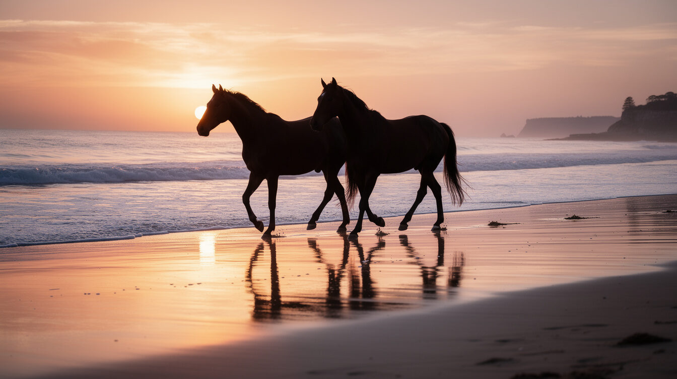 Horses walking along an empty beach at sunset
