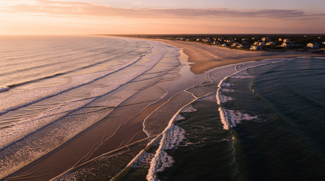 Aerial view of an ocean coastline at golden hour
